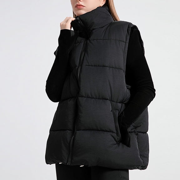 Fanxing Puffer Vest for Women Zip Up Sleeveless Down Jackets Winter Warm Quilted Stand Collar Outwear with Pocket Black L