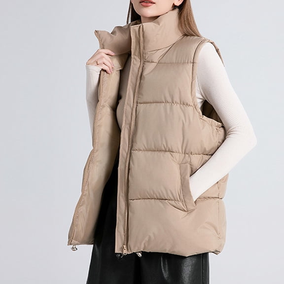 Fanxing Puffer Vest for Women Zip Up Sleeveless Down Jackets Winter Warm Quilted Stand Collar Outwear with Pocket Khaki M