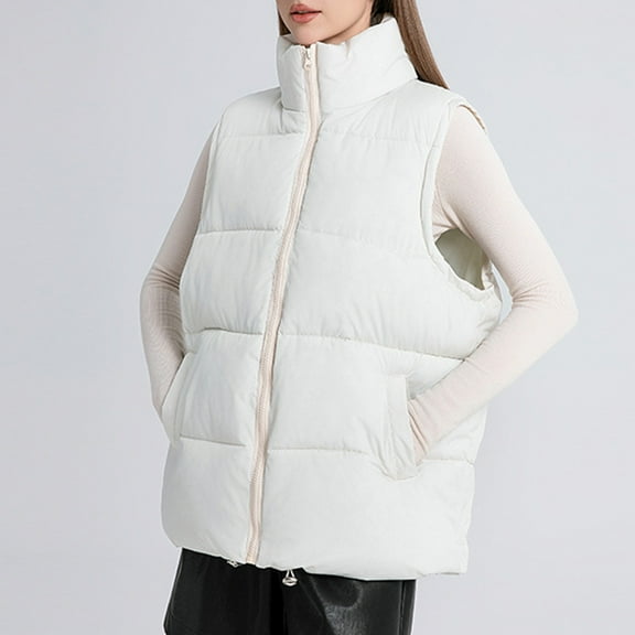 Fanxing Puffer Vest for Women Zip Up Sleeveless Down Jackets Winter Warm Quilted Stand Collar Outwear with Pocket White M