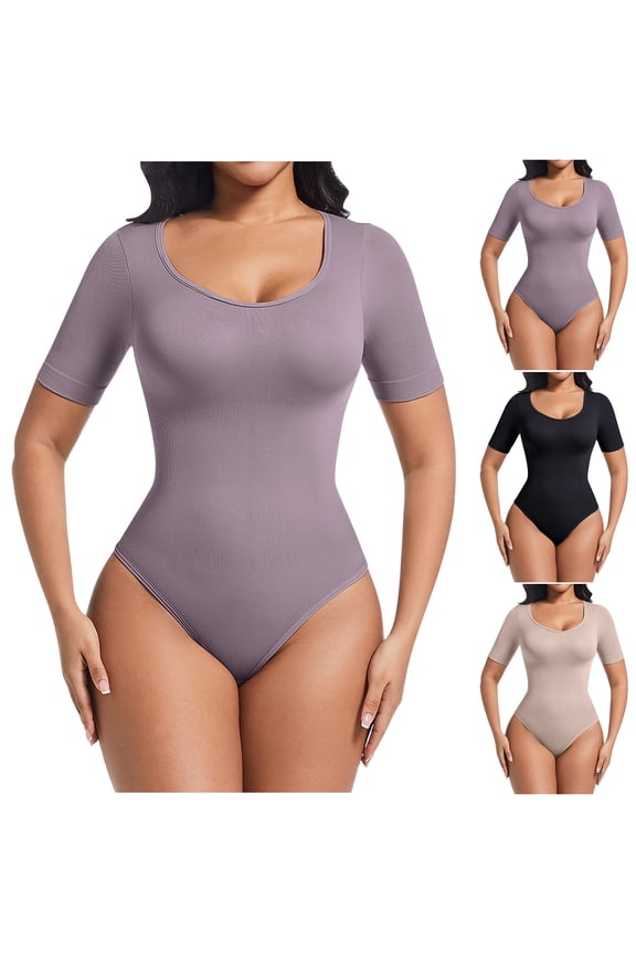 Purple Short Sleeve Body Suits for Women Thong Shapewear Bodysuit Tummy Control V Neck Shirt Going Out Tops Medium
