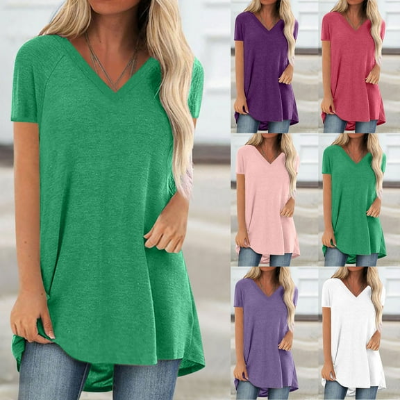 Fanxing Purple Womens Summer Dressy Hide Belly Blouses XXXXXL Plus Size V Neck Short Sleeve Tunic Tops for Leggings Casual T-Shirts ( Women's Plus S-5XL)