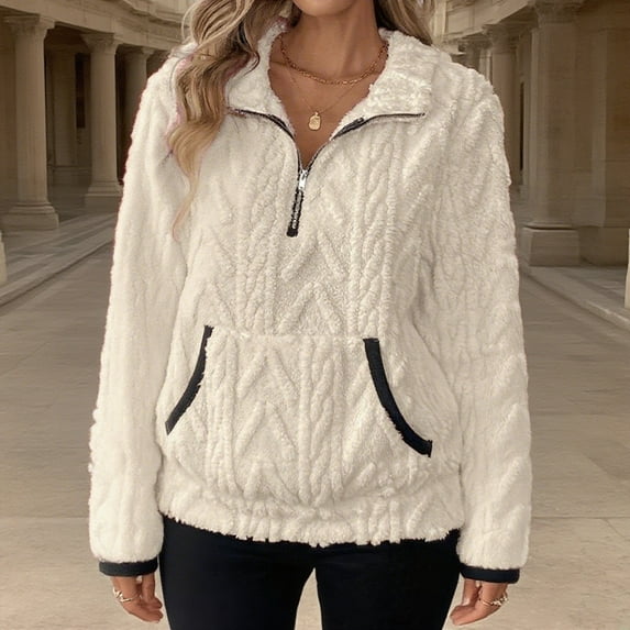 Fanxing Quarter Zip Fuzzy Pullover for Women Sherpa Fleece Lapel Swetshirts Casual Long Sleeve Thermal Warm Winter Tops with Pocket Beige 2XL