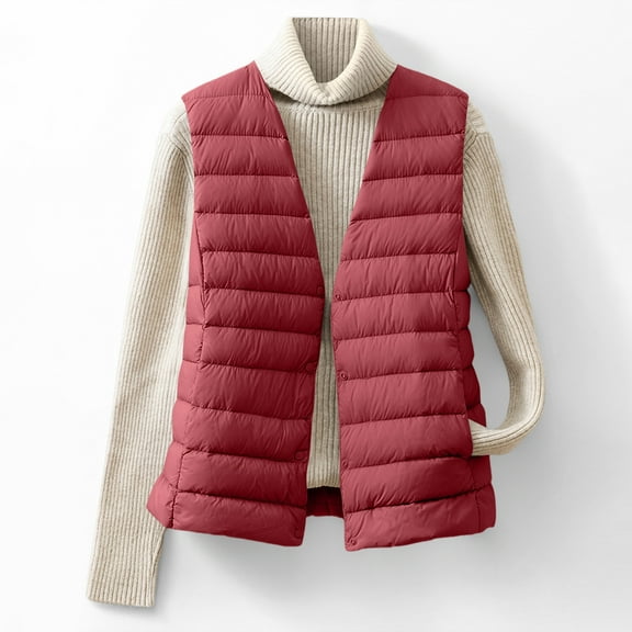 Fanxing Quilted Vest for Women Plus Size Lightweight V Neck Sleeveless Puffer Jacket Thin Button Down Outwear Red M