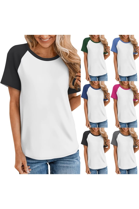 Raglan Sleeve T Shirts for Women Baseball Tee Summer Short Sleeve Tops Crewneck Casual Tshirts Loose Fit Graphic Tees Hot Pink,S