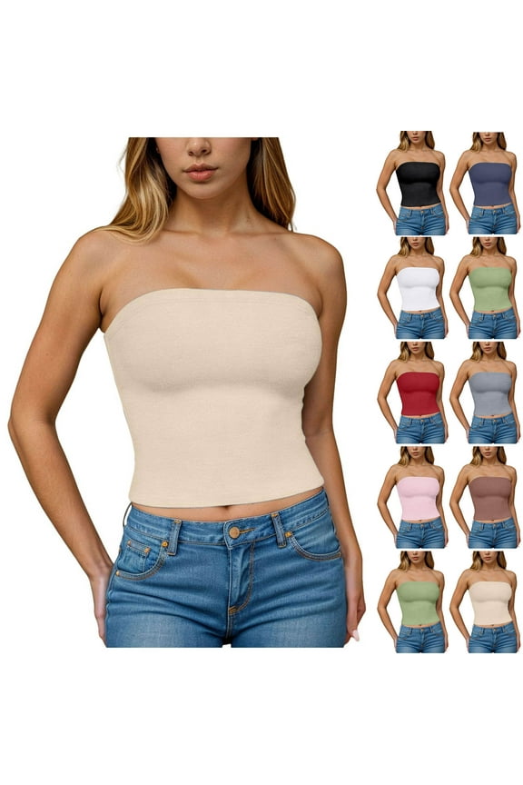 Red Womens Tube Tops L Strapless Crop Top Basic Sleeveless Bandeau 2025 Summer Going Out Tops without Padded （Women's S-2XL)