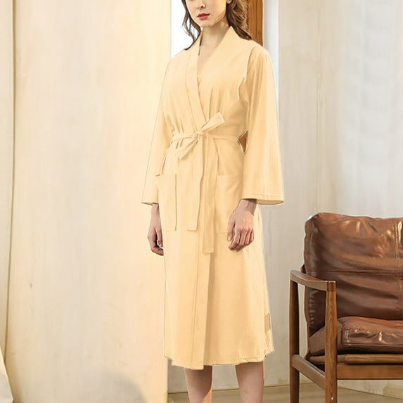 Fanxing Robes for Women Waffle Knit Bathrobe Soft Lightweight Long Sleeve Kimono Robe V Neck Spa Robes with Belt Pockets Beige 3XL