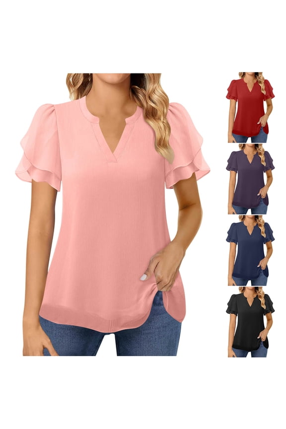 Ruffled Short Sleeve Shirts for Women Dressy Chiffon V Neck Blouses Loose Fit Flowy Casual Layered Tops Red,L