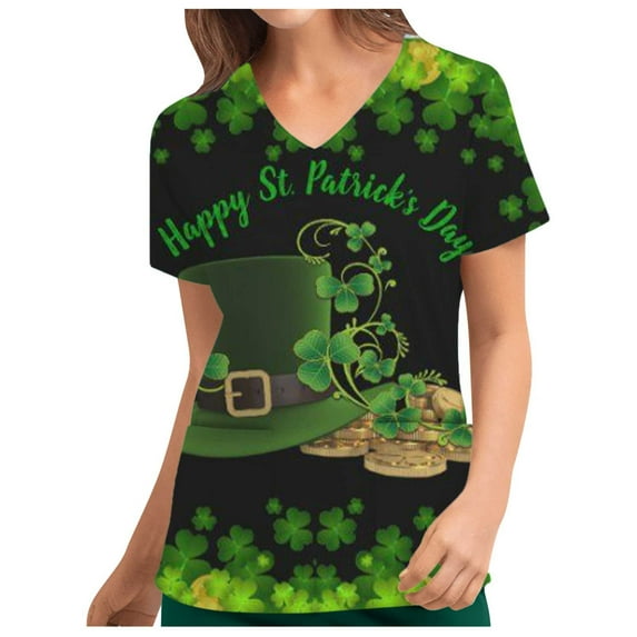 Fanxing Saint Patricks Day Shirts Women Scrubs for Women St. Patrick's Day Green T Shirts V Neck Scrub Tops Trendy Casual Clover Shirts Plus Size Shamrock Blouses Black,XXL Female