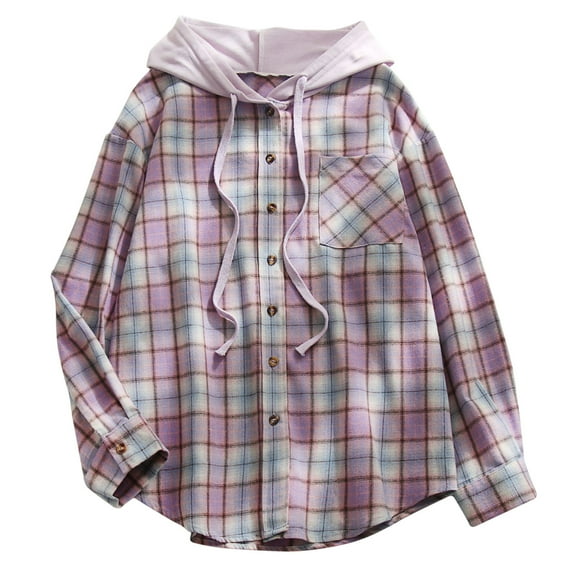 Fanxing Savings Womens Flannel Shirts Plaid Hoodie Jacket Long Sleeve Button Down Hooded Drawstring Shacket Blouse Tops Casual Boyfriend Shirt with Pocket 2024 Clearance Deals Purple S
