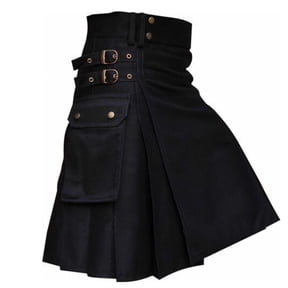 Fanxing Scottish Mens Kilt Traditional Highland Tartan Utility Kilt Scottish Tartan Utility Kilts with Leather Straps Kilts for Men Black,XXXL