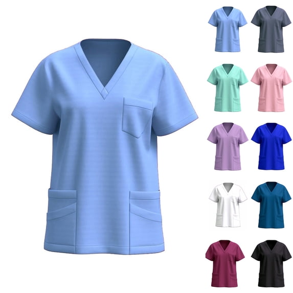 Fanxing Scrub Tops for Women Curved V-Neck Scrub Tops with Pocket Navy,L