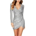 thumbnail image 1 of Fanxing Sequin Dress for Women Summer Long Sleeve Bodycon Party Dresses Casual Ruched V Neck Mini Dress Gray,L, 1 of 2