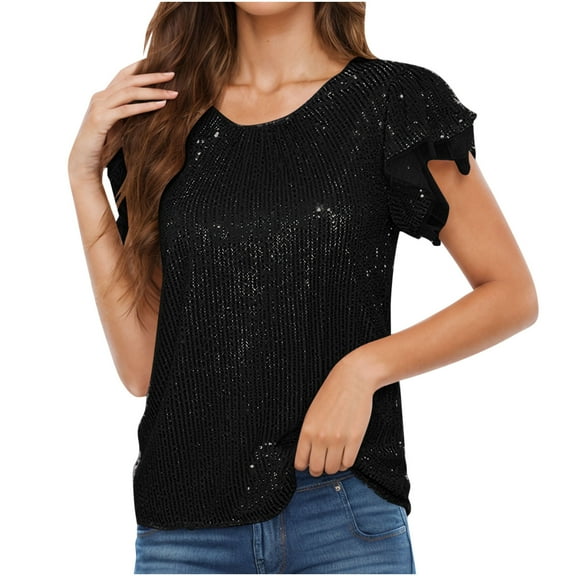 Fanxing Sequined Tops Women's Sparkly Short Sleeve Shirts Glitter Glossy Dressy Tunic Blouses Round Neck Club Party Tops Black,XXL