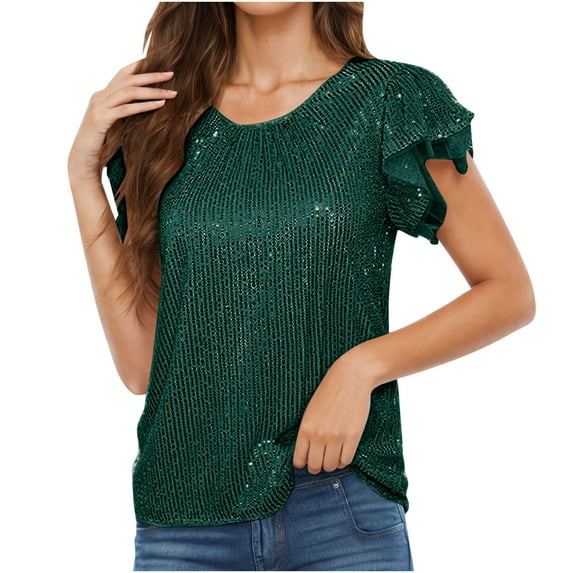 Fanxing Sequined Tops Women's Sparkly Short Sleeve Shirts Glitter Glossy Dressy Tunic Blouses Round Neck Club Party Tops Green,L
