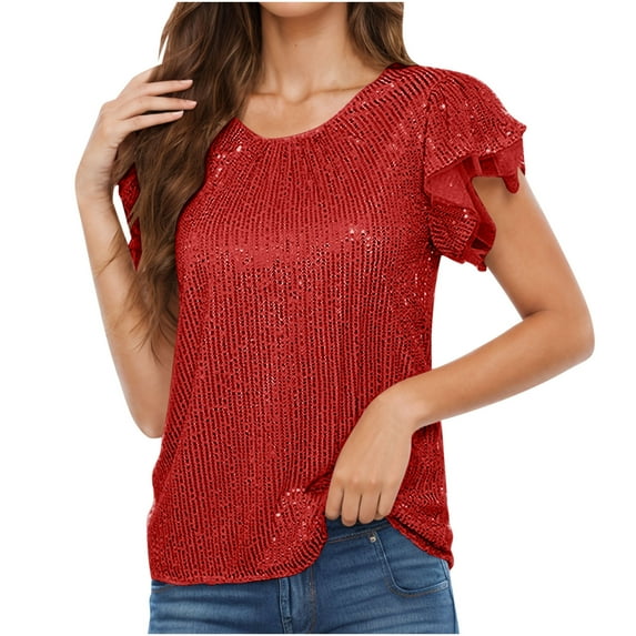 Fanxing Sequined Tops Women's Sparkly Short Sleeve Shirts Glitter Glossy Dressy Tunic Blouses Round Neck Club Party Tops Red,L