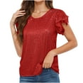 thumbnail image 1 of Fanxing Sequined Tops Women's Sparkly Short Sleeve Shirts Glitter Glossy Dressy Tunic Blouses Round Neck Club Party Tops Red,S, 1 of 7