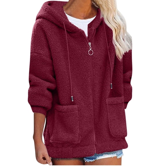 Fanxing Sherpa Fleece Hoodies for Women Plus Size Full Zip Up Sweatshirts Comfy Drawstring Hooded Jacket 2025 Fall Winter Warm Sweater Loose fit Sweatshirt Coats My Recent Orders Placed Red,XXL