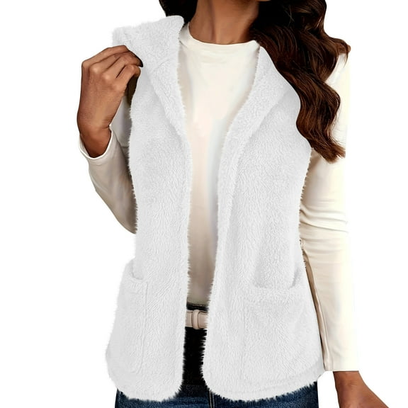 Fanxing Sherpa Vest for Women with Hood Polar Fleece Sleeveless Jacket Thin Fuzzy Crop Waistcoat Spring Fall Outwear with Pocket White XL