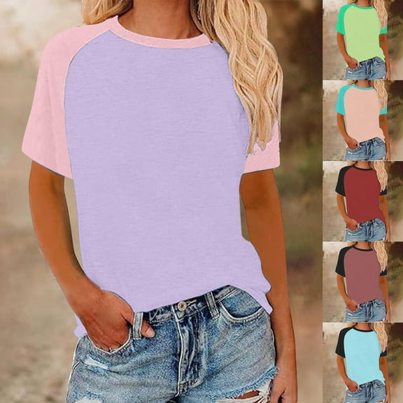 Fanxing Sky Blue Color Block T Shirts for Women XXL Plus Size Short Sleeve Tees ( Women's Plus S-5XL)