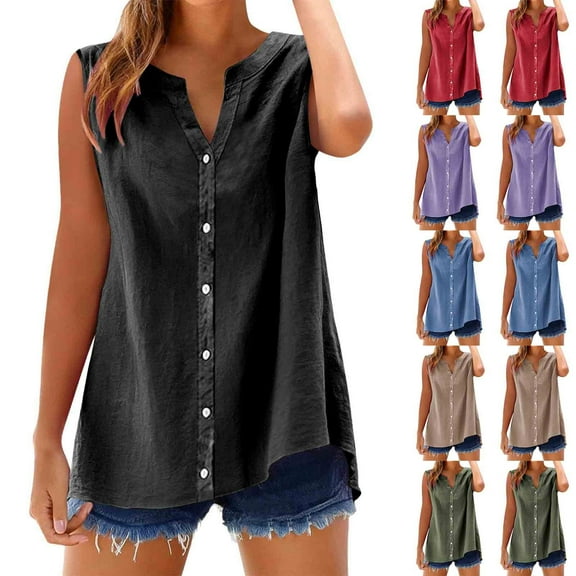 Fanxing Sleeveless Linen Shirt Women Button Down Tank Tops Breathable Linen Shirt for Summer A-Line Boho Linen Tunics Beach to Weekend Wear S-2XL