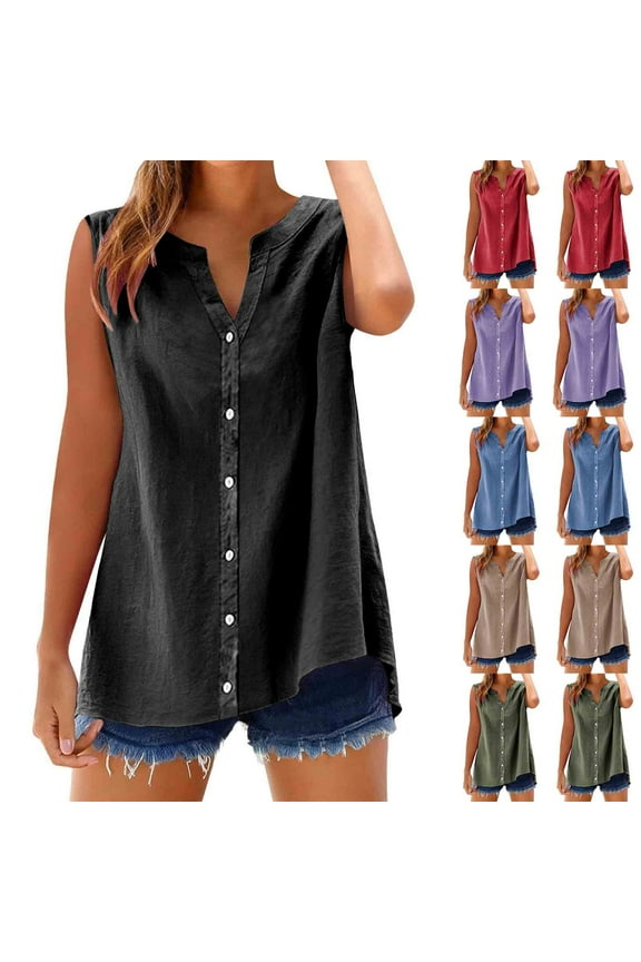 Sleeveless Linen Shirt Women Button Down Tank Tops Breathable Linen Shirt for Summer A-Line Boho Linen Tunics Beach to Weekend Wear S-2XL