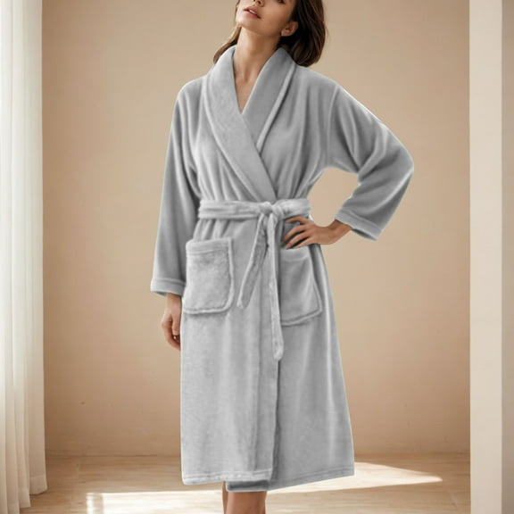 Fanxing Soft Flannel Robes for Women Winter Warm Plush Bathrobes Comfy Spa Sleepwear After Shower Midi Kimono Bathrobes Gray M