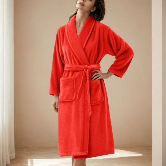Fanxing Soft Flannel Robes for Women Winter Warm Plush Bathrobes Comfy Spa Sleepwear After Shower Midi Kimono Bathrobes Red 3XL