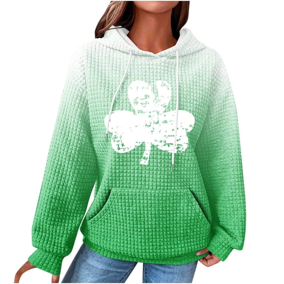 Fanxing St Patty's Day Decorations Green Shamrock Heart Women Waffle Knit Cute Hoodies Drawstring Pullover St Patricks Day Holiday Costumes White,M Female