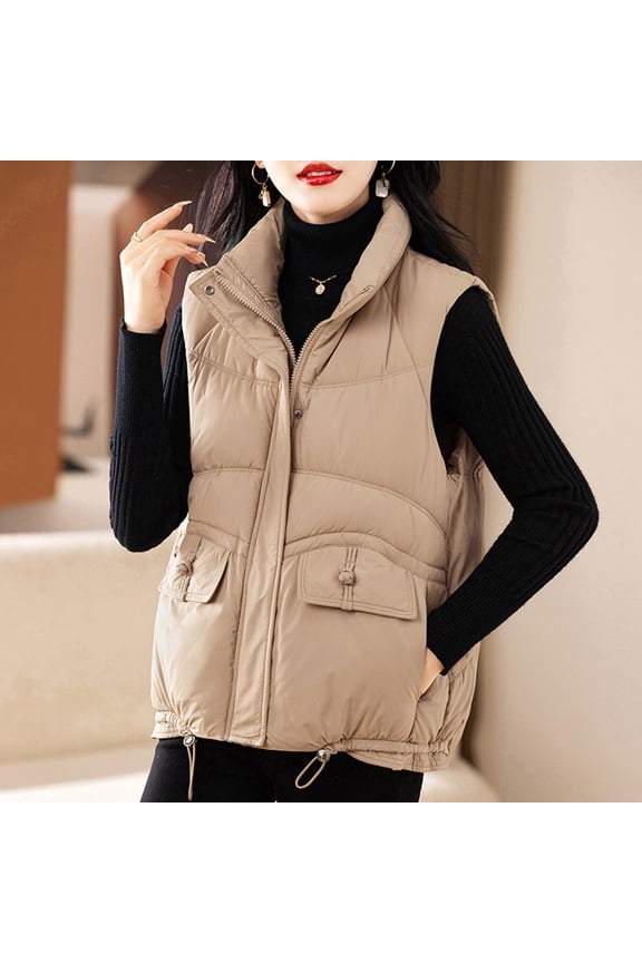 Stand Collar Puffer Vest for Women Sleeveless Quilted Jackets Puffy Bubble Zip Up Coat with Pockets Khaki L
