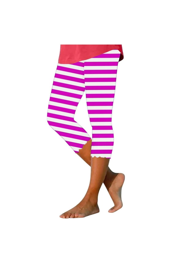 Striped Capri Leggings for Women 2025 High Waisted Yoga Pants Tummy Control Workout Leggings Lightweight Cozy Cropped Pants Plus Size Leggings Hot Pink,XL
