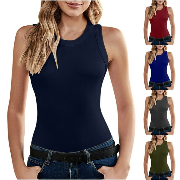 Fanxing Summer Womens Basic Ribbed Fitted Tank Tops Sleeveless High Neck Casual Tanks Navy,L