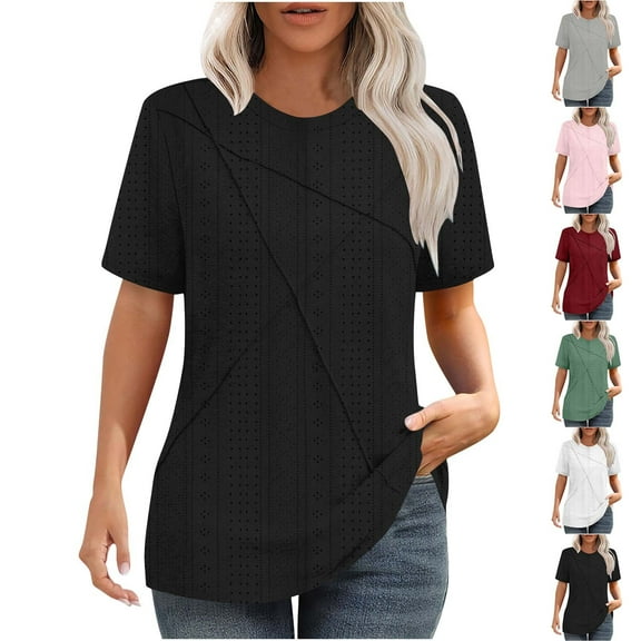 Fanxing Summer Eyelet Tops Womens Short Sleeve T Shirts Hollow Embroidery Crewneck Tees Blouses Pink,XL