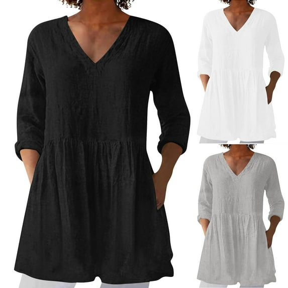 Fanxing Summer Linen Work Tops for Women Trendy Button Down V Neck Boho Long Tunics Tops S-2XL