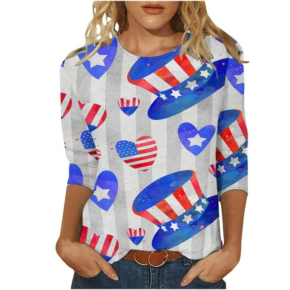 Fanxing Summer Savings Star Stripes Fourth July Tshirts for Women 3/4 Length Sleeve Tops USA Star Stripe Graphic Tees 1776 Independence Day Freedom Blouses XXL