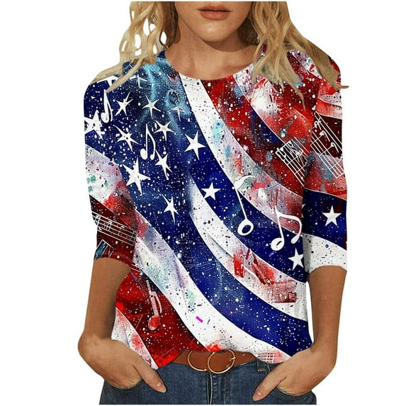 Fanxing Summer Savings Women 4th of July Patriotic T-Shirt Tops 3/4 Sleeve Graphic Tee American Flag Stars Stripes Shirts Bleached Tie Dye American Flag Blouse XL