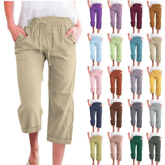 Fanxing Summer Savings Women's Pants Elastic Waist Plus Size Linen Capri Pants for Women Casual Summer Baggy Petite Solid Color Capris Cropped Trousers Navy,XXXXXL