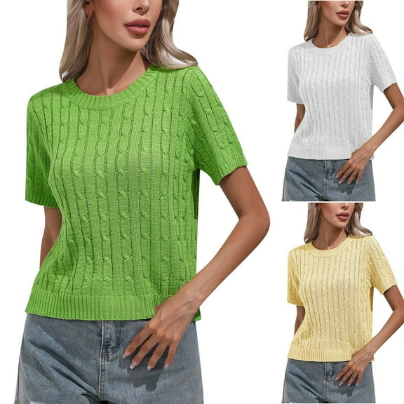 Fanxing Summer Sweaters for Women Short Sleeve Pullover Sweater Slim Fit Basic Crewneck Crop Tops White,XL