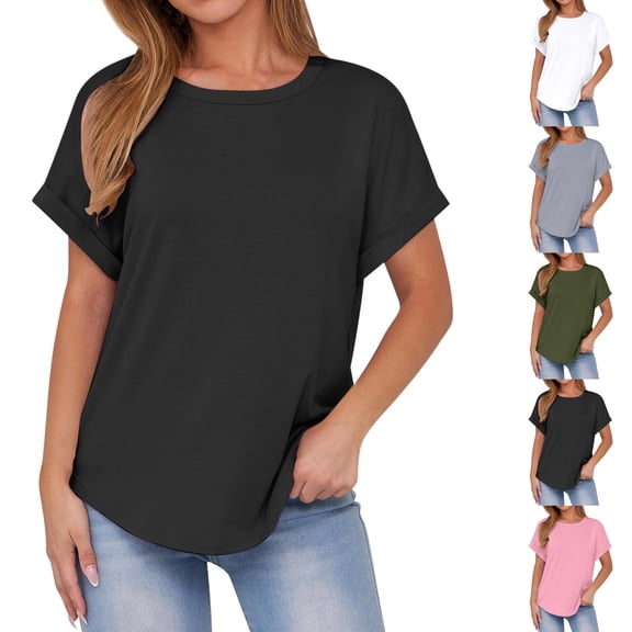 Fanxing Summer Tops for Women Short Sleeve Curvy Hem T Shirts Loose Casual Tunic Blouses Black,L
