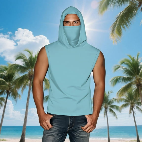 Fanxing Sun Protection Tank Tops for Men Big and Tall Sleeveless Cooling Sun Shirts with Mask UPF 50  Fishing Blouses Lightweight Long Sleeve UV Rash Guard Cooling Hoodies Sky Blue,XXXXXL