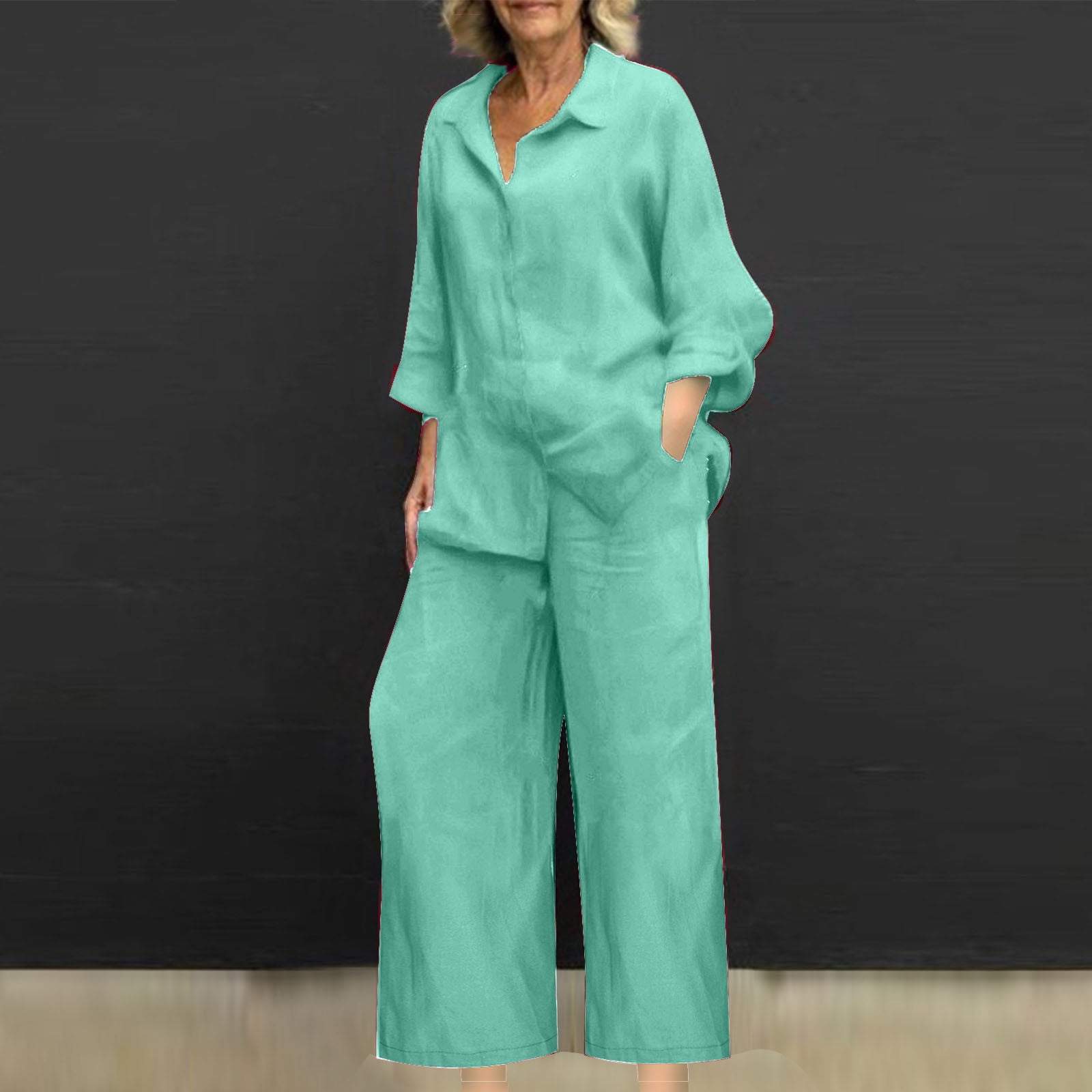 Fanxing Sweat Suits for Women Plus Size 4x Women Plus Size Cotton Linen 2 Piece Outfits Fall Long Sleeve Button Down Shirt with Wide Leg Pants Pajama