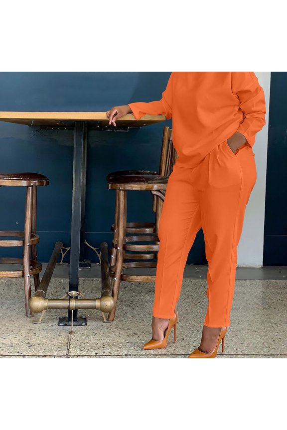 Sweat Suits for Women Plus Size Two Piece Orange Women's 2 Piece Outfits Oversized Casual Solid Sweatsuits Long Sleeve Loose Matching Wide Leg Baggy Tracksuit Pants Sets