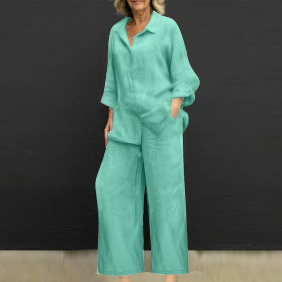 Fanxing Sweat Suits for Women Plus Size Two Piece Tie Dyed Women Plus Size Cotton Linen 2 Piece Outfits Fall Long Sleeve Button Down Shirt with Wide Leg Pants Pajama Sets Loungewear
