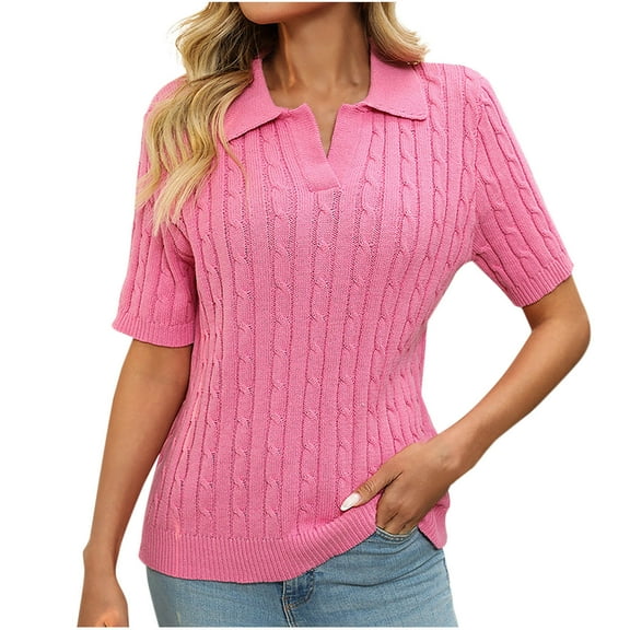 Fanxing Sweaters for Women $5.00 Short Sleeve Summer Tops Lapel V Collar Solid Color Knitted Sweater Pullovers Hot Pink(Women's)