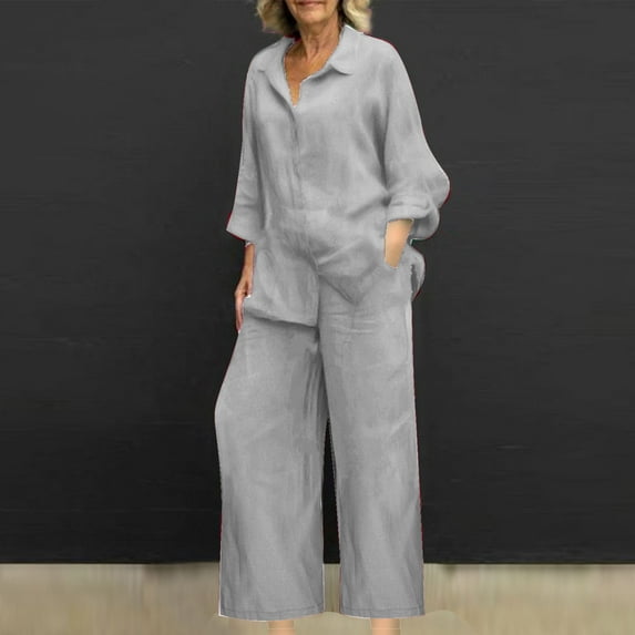 Fanxing Sweatshirt And Jogger Outfit Set Women Plus Size Cotton Linen 2 Piece Outfits Fall Long Sleeve Button Down Shirt with Wide Leg Pants Pajama Sets Loungewear Black&Friday Deals