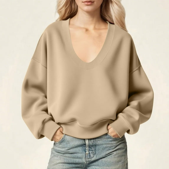 Fanxing Sweatshirt for Women Oversized U Neck Plunge Sweater Long Sleeve Drop Shoulder Fall Winter Solid Color Pullover Top Beige 2XL