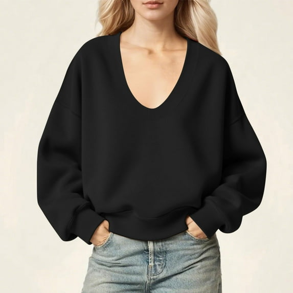 Fanxing Sweatshirt for Women Oversized U Neck Plunge Sweater Long Sleeve Drop Shoulder Fall Winter Solid Color Pullover Top Black XL