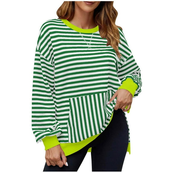 Fanxing Sweatshirt for Women Striped Color Block Striped Patchwork Crop Tops Crewneck Long Sleeve Preppy T Shirts Loose Fit Blouses Green,S