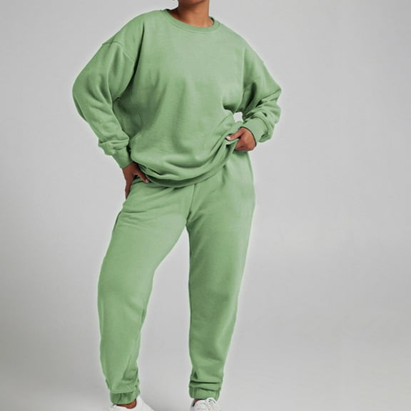 Fanxing Sweatsuits 2pcs Sets Juniors Women 2 Piece Sets Tracksuits Green Crewneck Pullover Sweatshirt Outfits Solid Oversized Jogging Pants New Year's Eve