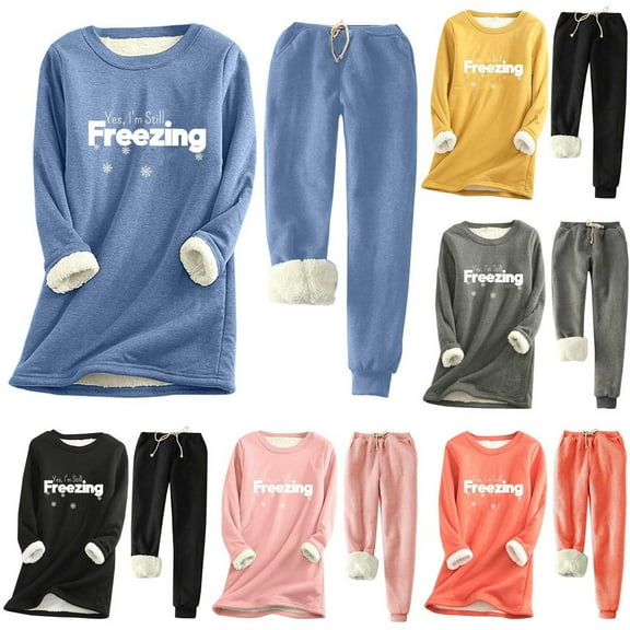 Fanxing Sweatsuits 2pcs Sets Winter Warm Sherpa Lined Tracksuit Solid Color Thermal Crewneck Sweatshirts and Sweatpants Set 2025 Black,L