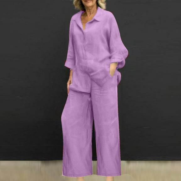 Fanxing Sweatsuits 2pcs Sets Womens Under $20.00 Pink Women Plus Size Cotton Linen 2 Piece Outfits Fall Long Sleeve Button Down Shirt with Wide Leg Pants Pajama Sets Loungewear